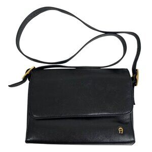 Etienne Aigner Front Flap Black Leather Crossbody Shoulder Bag Buckle Straps Y2K